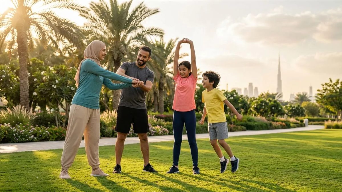 Family and modest activewear for Dubai Fitness Challenge 2026 — long-sleeve tops, loose joggers, modest swimwear and cotton-rich kids clothing
