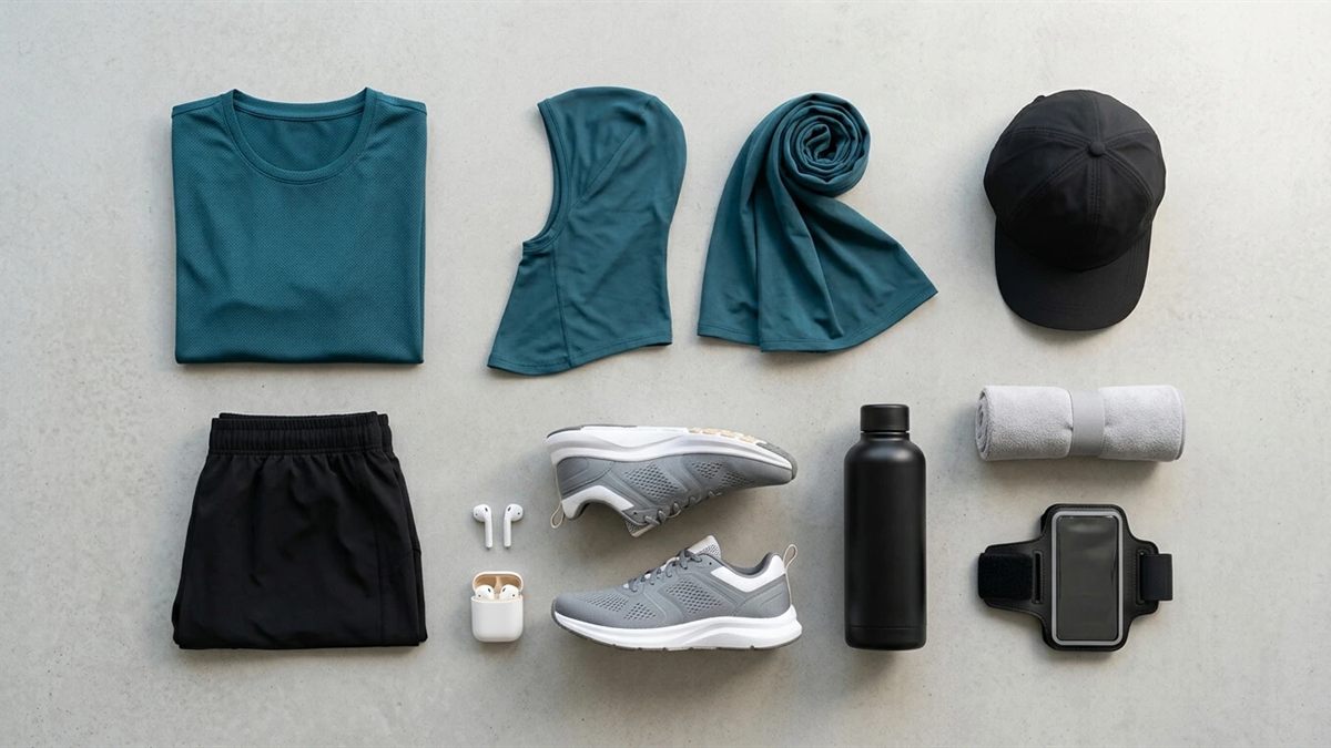 Dubai Fitness Challenge 2026 activewear checklist — breathable top, stretch shorts or leggings, sports hijab or active abaya, cushioned trainers, cap, towel and water bottle