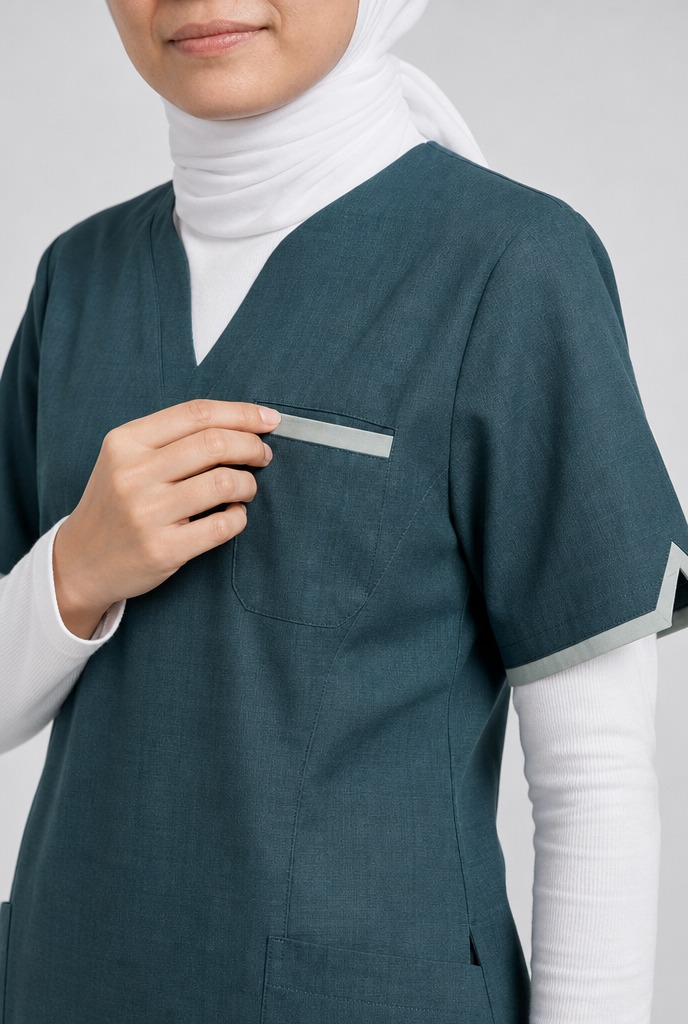 Women's Housekeeping Uniform Set with Grey Piping – V-Neck Tunic & Trousers - 2