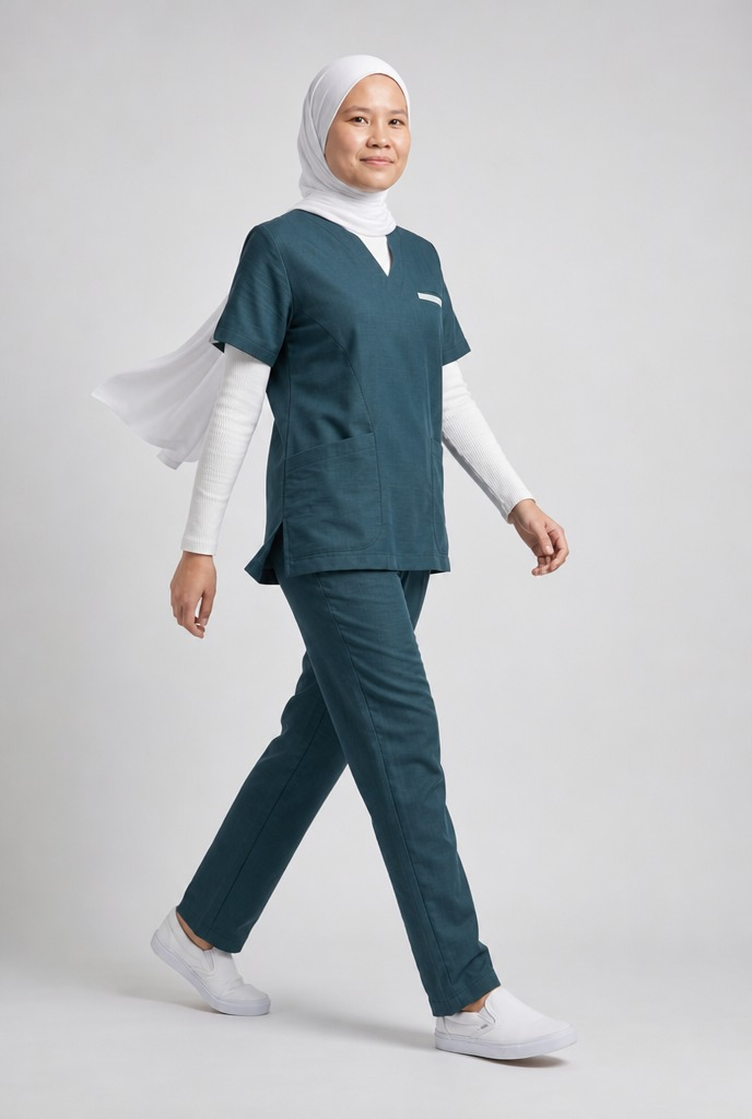 Women's Housekeeping Uniform Set with Grey Piping – V-Neck Tunic & Trousers - 3