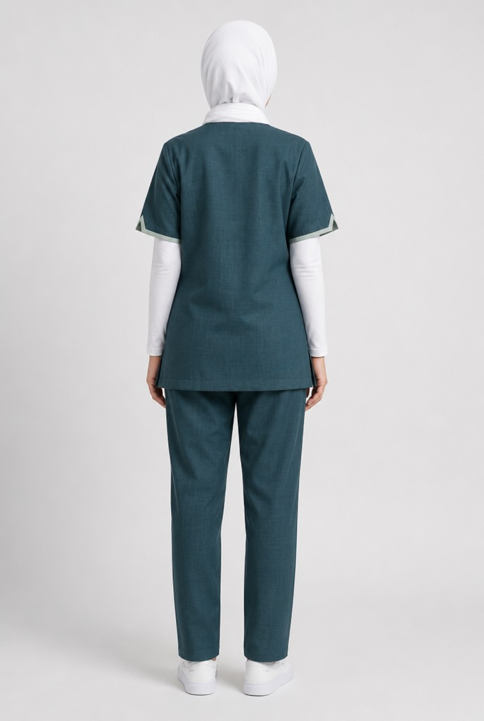Women's Housekeeping Uniform Set with Grey Piping – V-Neck Tunic & Trousers - 4