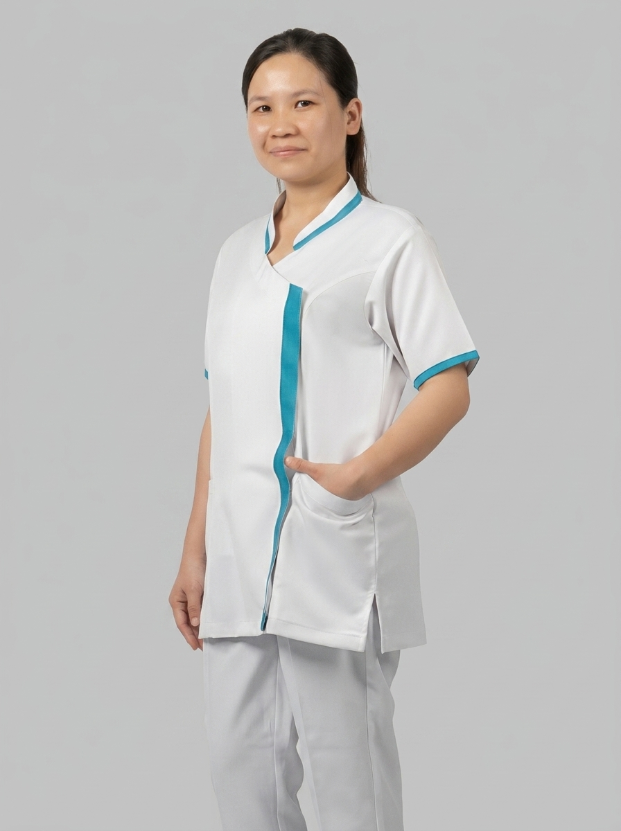 White Cleaning Staff Uniform with Turquoise Wrap-Front Stripe - 3