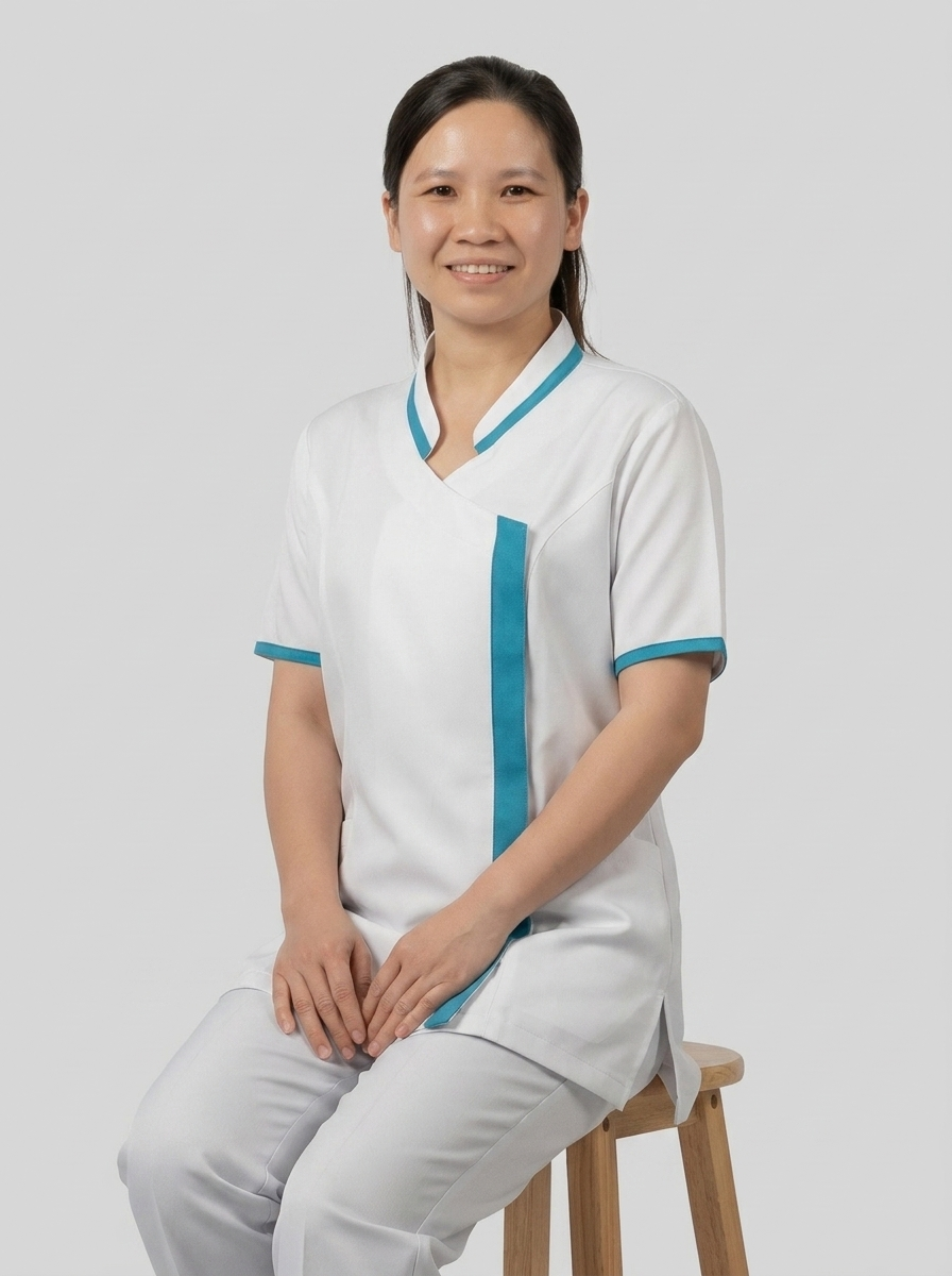 White Cleaning Staff Uniform with Turquoise Wrap-Front Stripe - 5