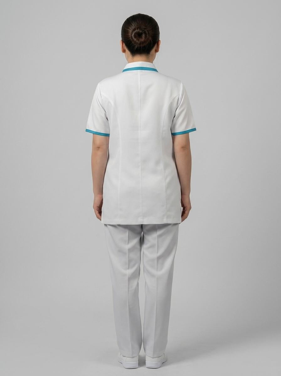 White Cleaning Staff Uniform with Turquoise Wrap-Front Stripe - 6