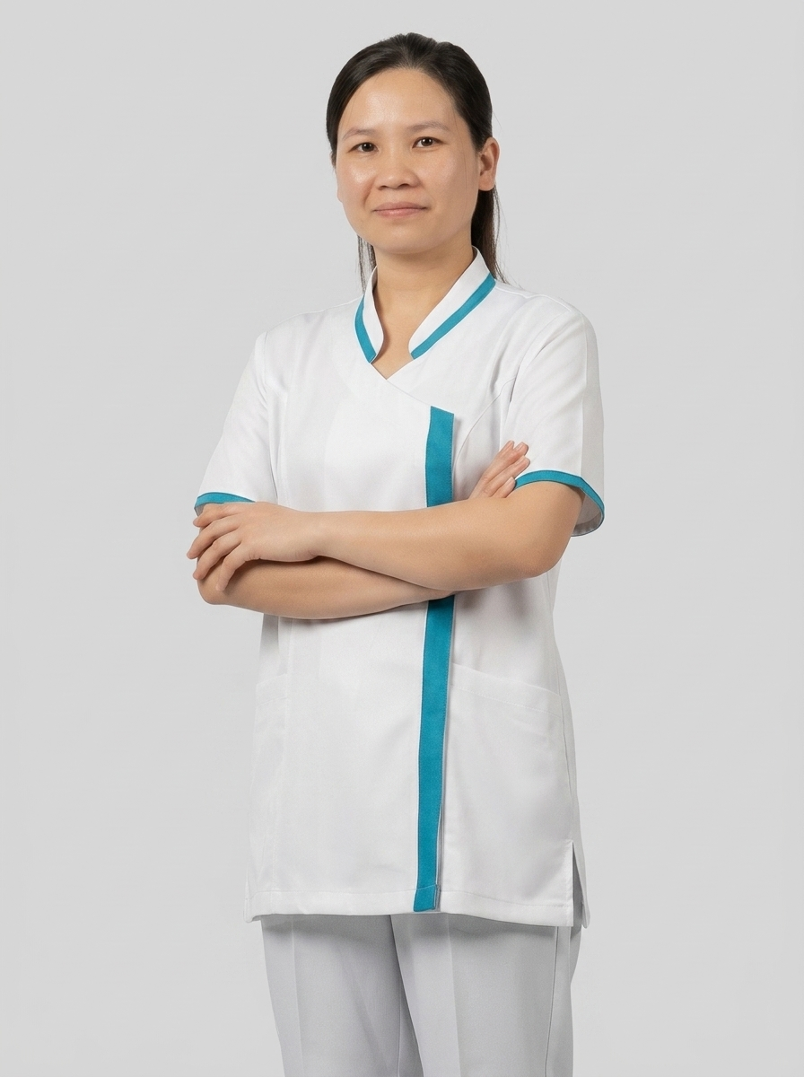 White Cleaning Staff Uniform with Turquoise Wrap-Front Stripe - 7