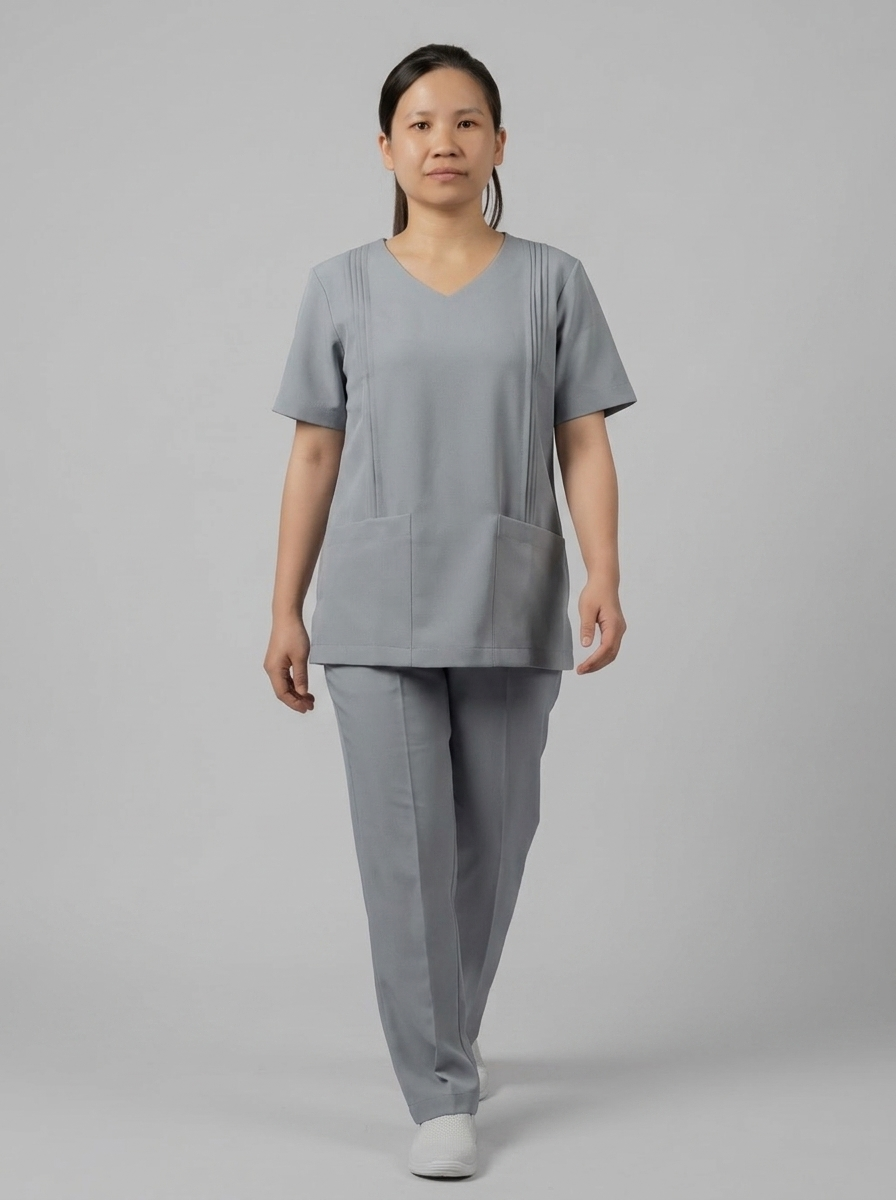 Grey V-Neck Pleated Maid Uniform with Front Pockets - 2