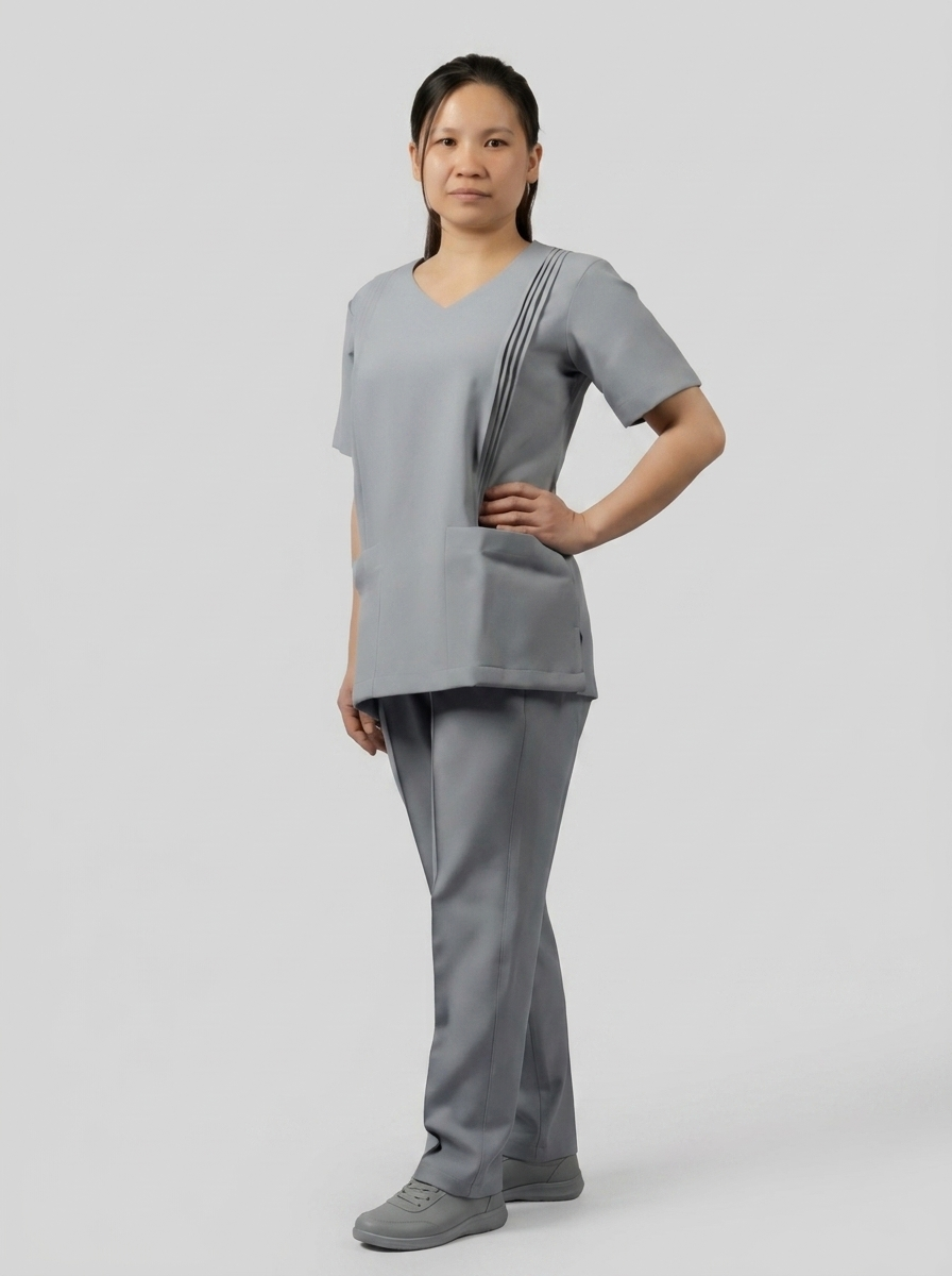 Grey V-Neck Pleated Maid Uniform with Front Pockets - 3