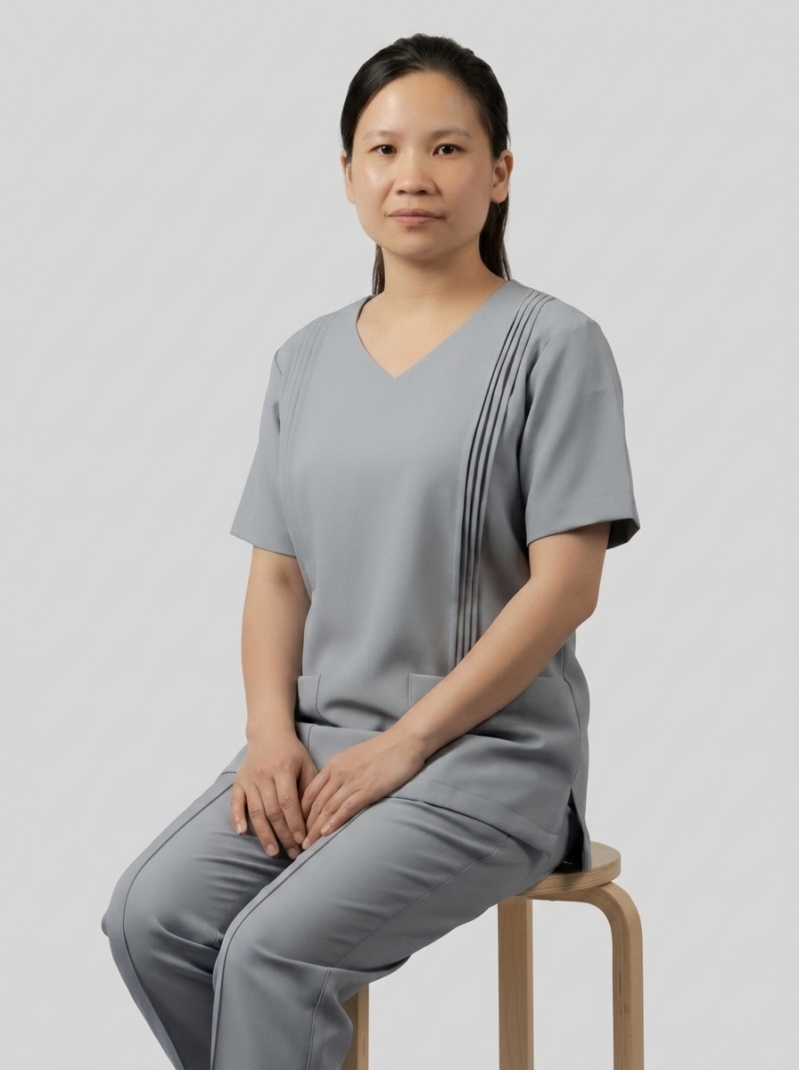 Grey V-Neck Pleated Maid Uniform with Front Pockets - 5