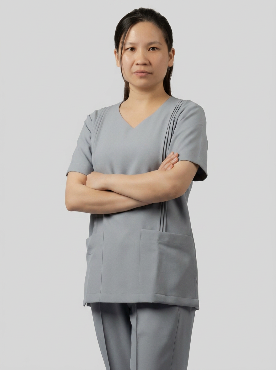 Grey V-Neck Pleated Maid Uniform with Front Pockets - 6
