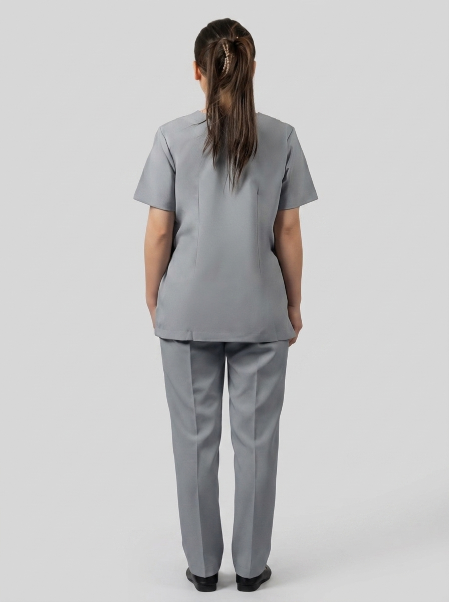 Grey V-Neck Pleated Maid Uniform with Front Pockets - 7