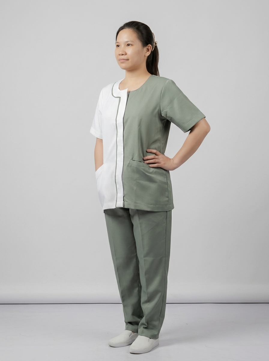 White & Sage Green Colorblock Maid Uniform with Round Collar - 3
