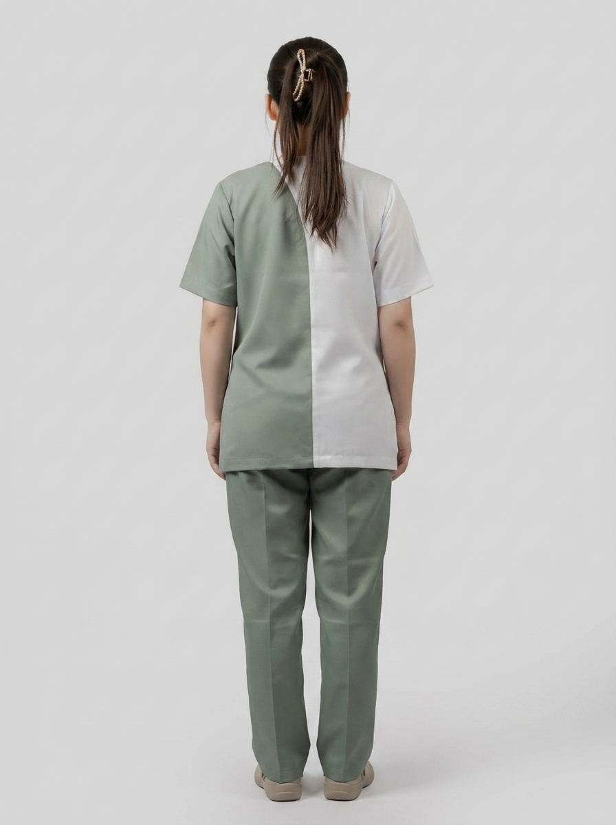 White & Sage Green Colorblock Maid Uniform with Round Collar - 4