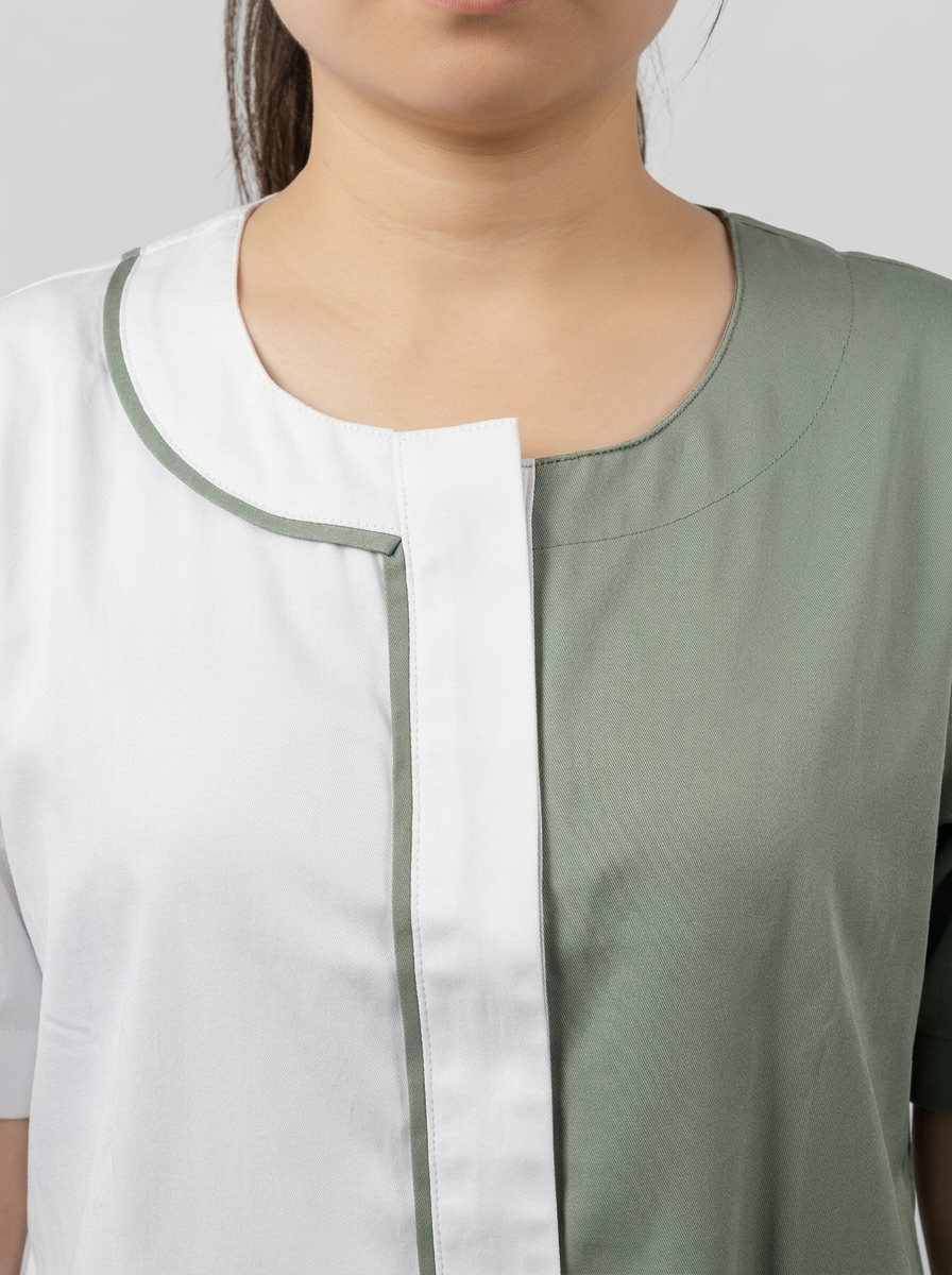 White & Sage Green Colorblock Maid Uniform with Round Collar - 5