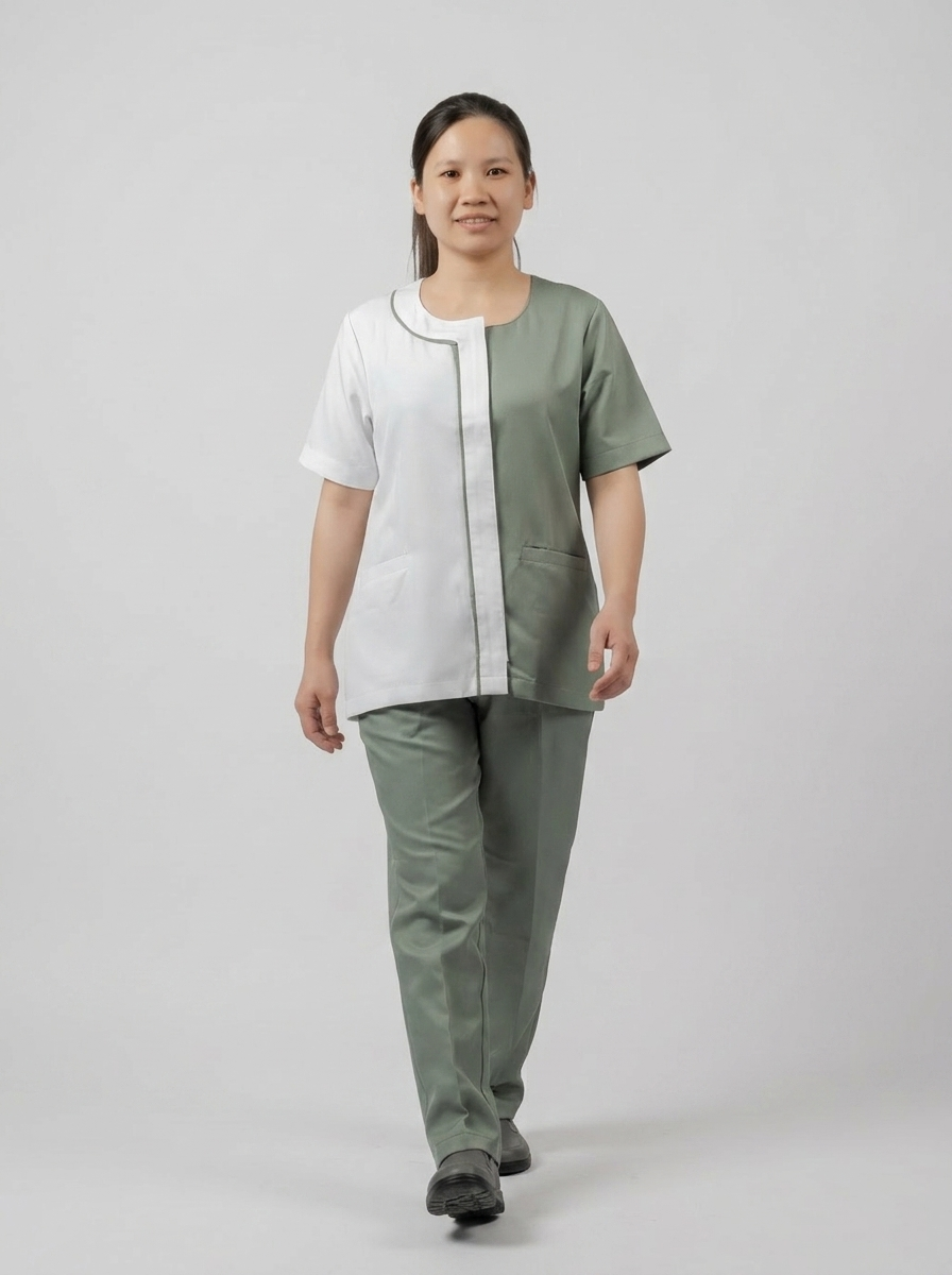 White & Sage Green Colorblock Maid Uniform with Round Collar - 6