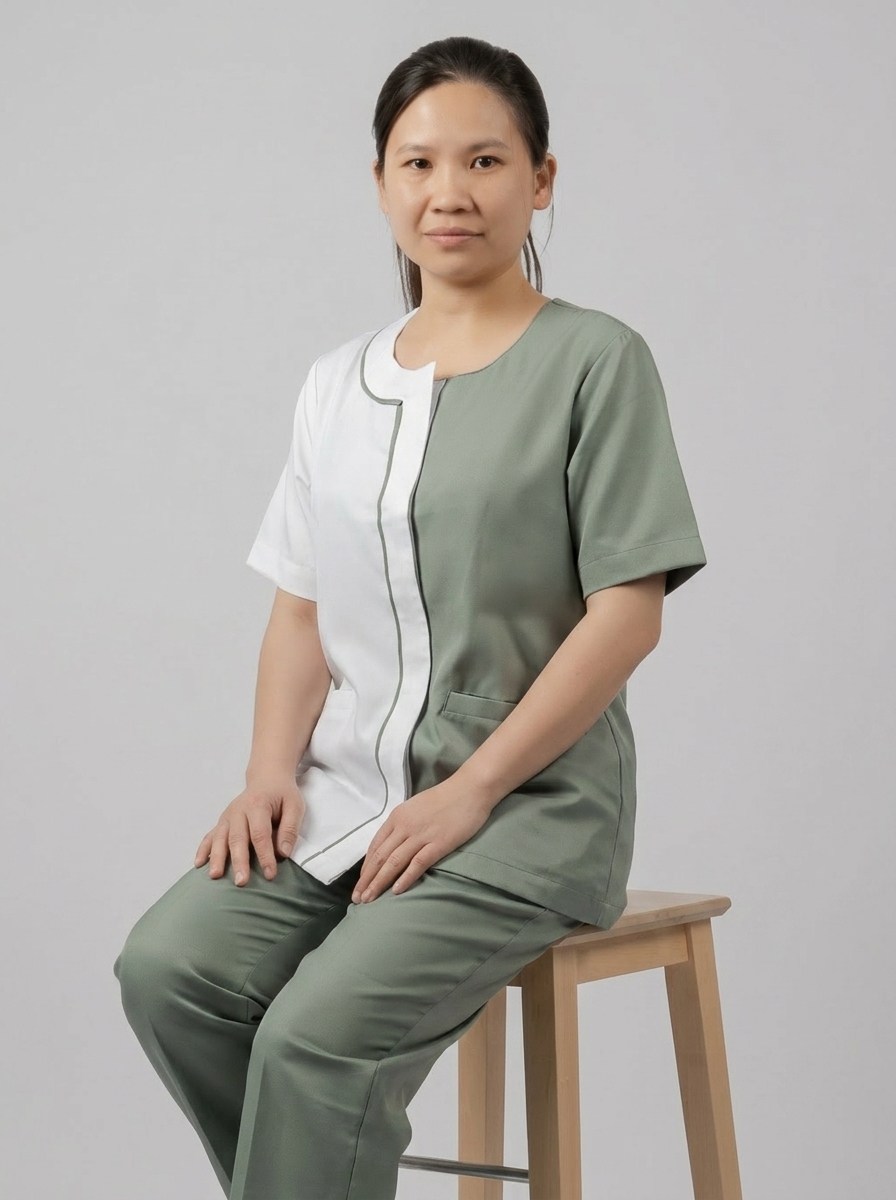 White & Sage Green Colorblock Maid Uniform with Round Collar - 7