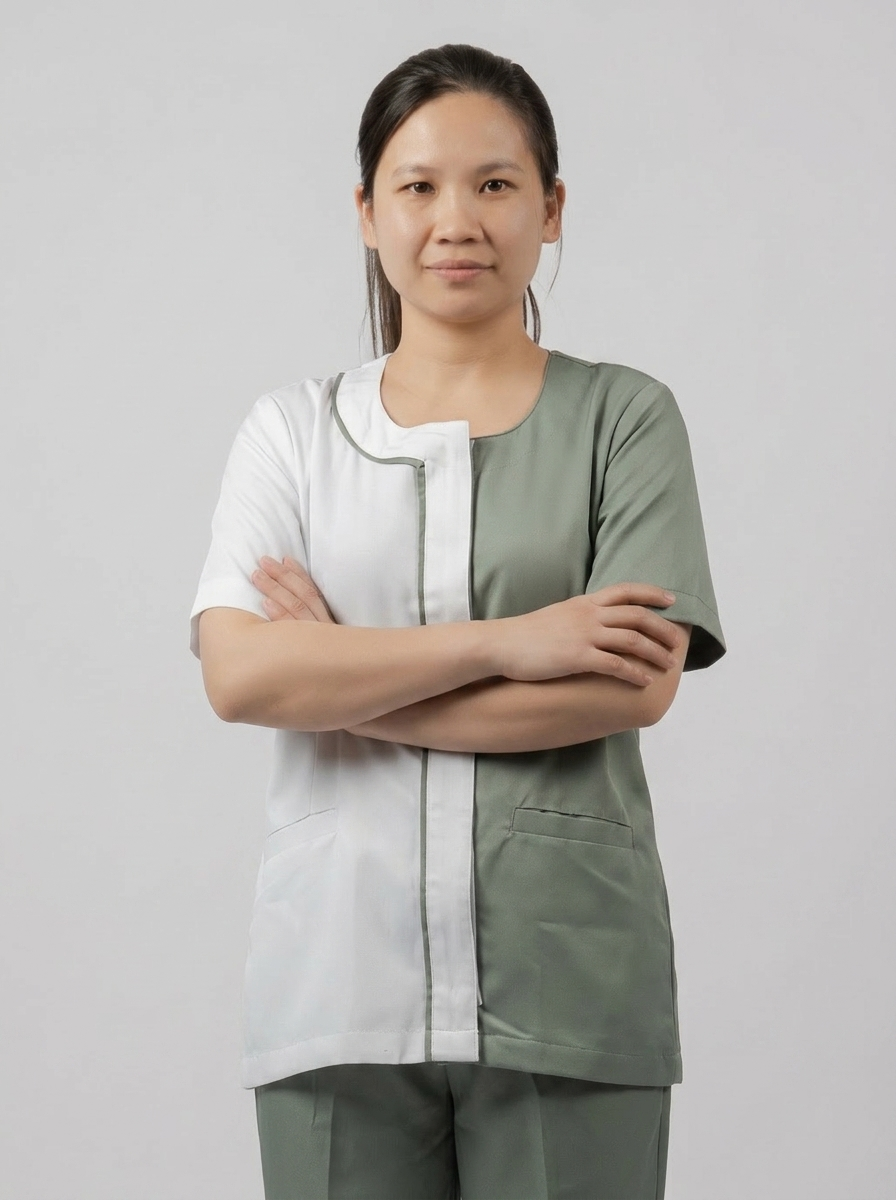 White & Sage Green Colorblock Maid Uniform with Round Collar - 9