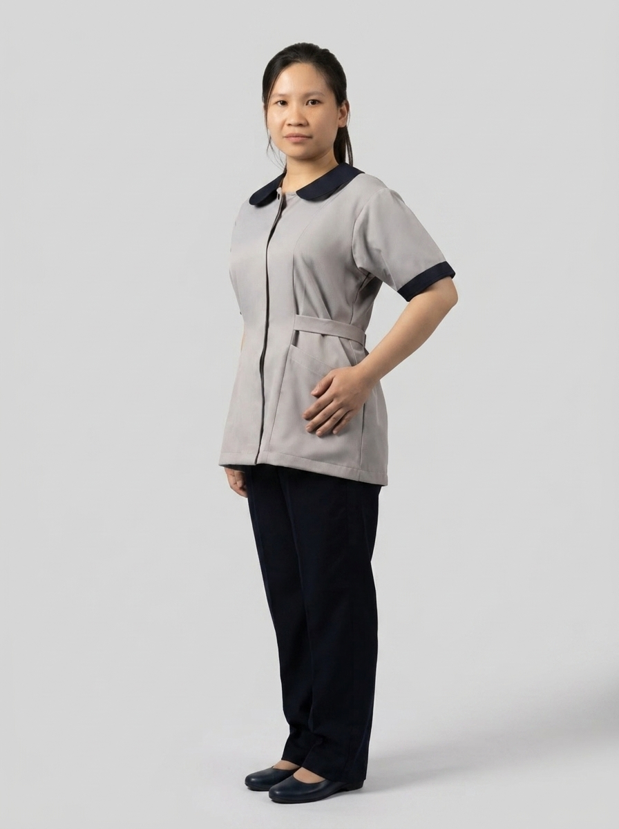 Grey & Navy Maid Uniform with Peter Pan Collar & Belt Tie - 2