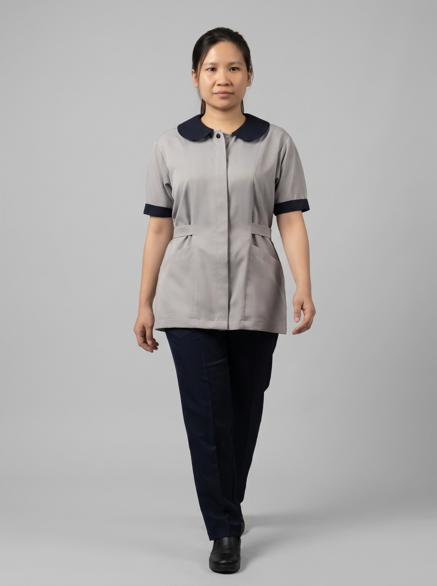Grey & Navy Maid Uniform with Peter Pan Collar & Belt Tie - 6