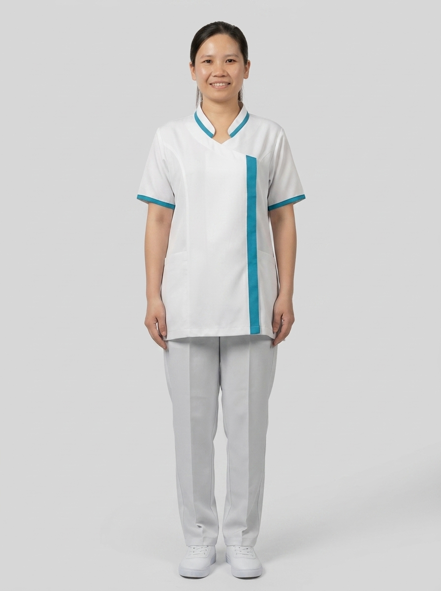 White Cleaning Staff Uniform with Turquoise Wrap-Front Stripe