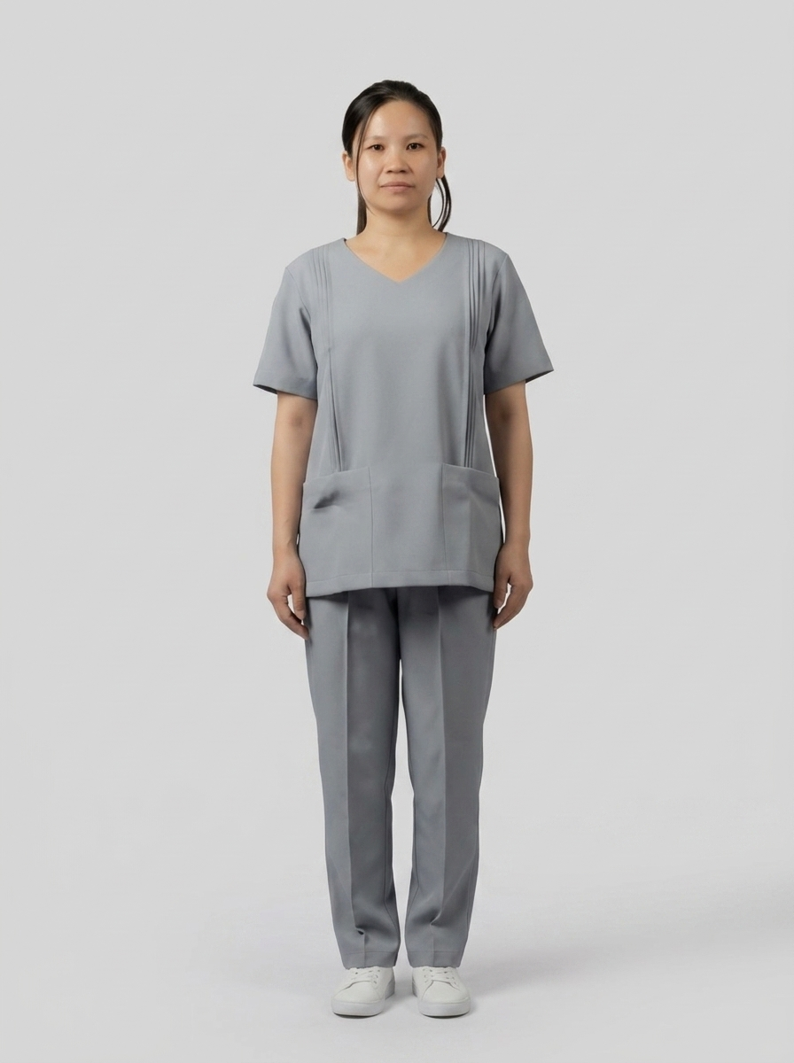 Grey V-Neck Pleated Maid Uniform with Front Pockets