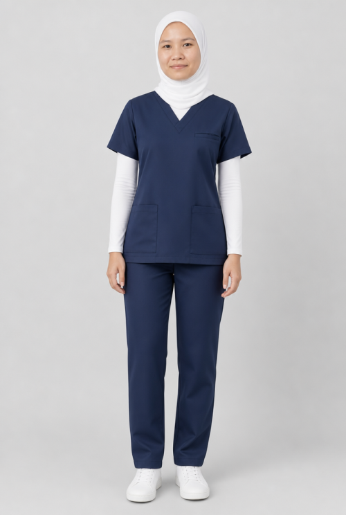 Navy Blue V-Neck Scrub Uniform Set with Chest Pocket